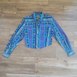 Cropped Long-Sleeve Button Front Top in Multicolor Stripe